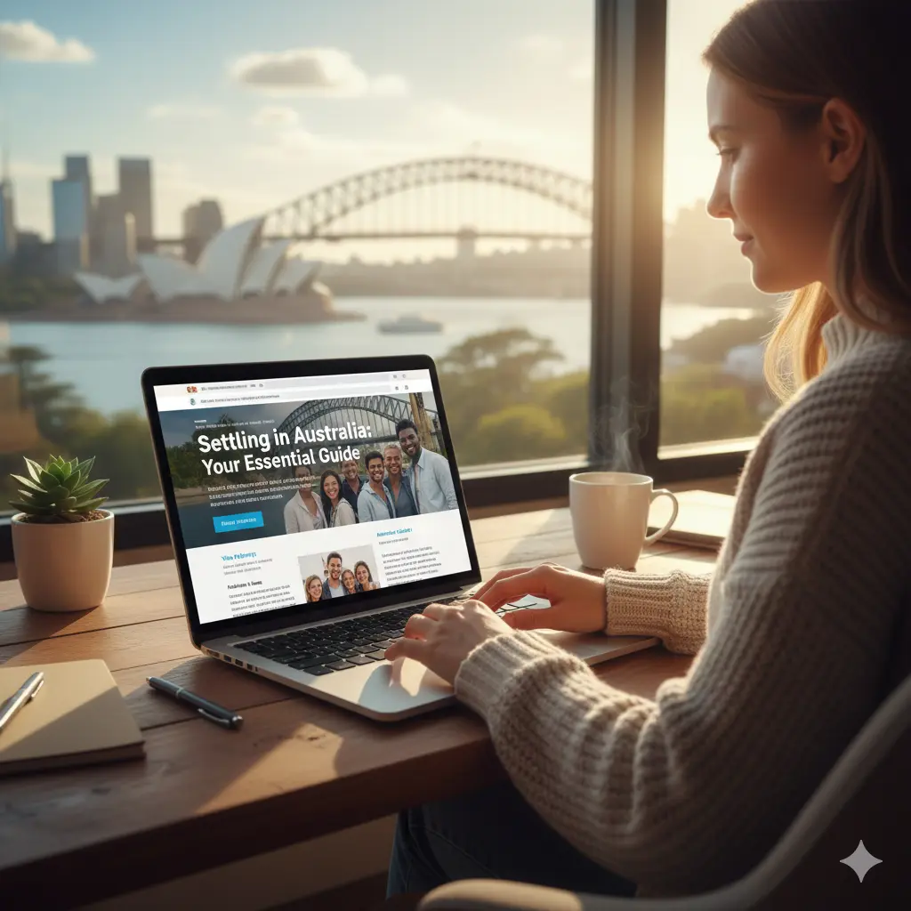 Person reading an online guide about settling in Australia