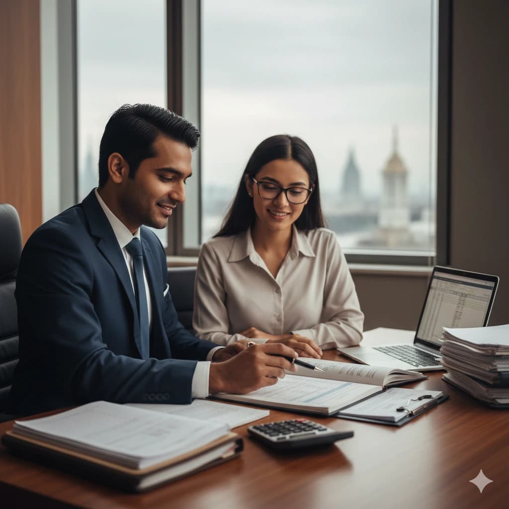 Friendly advisor talking with a migrant and offering guidance