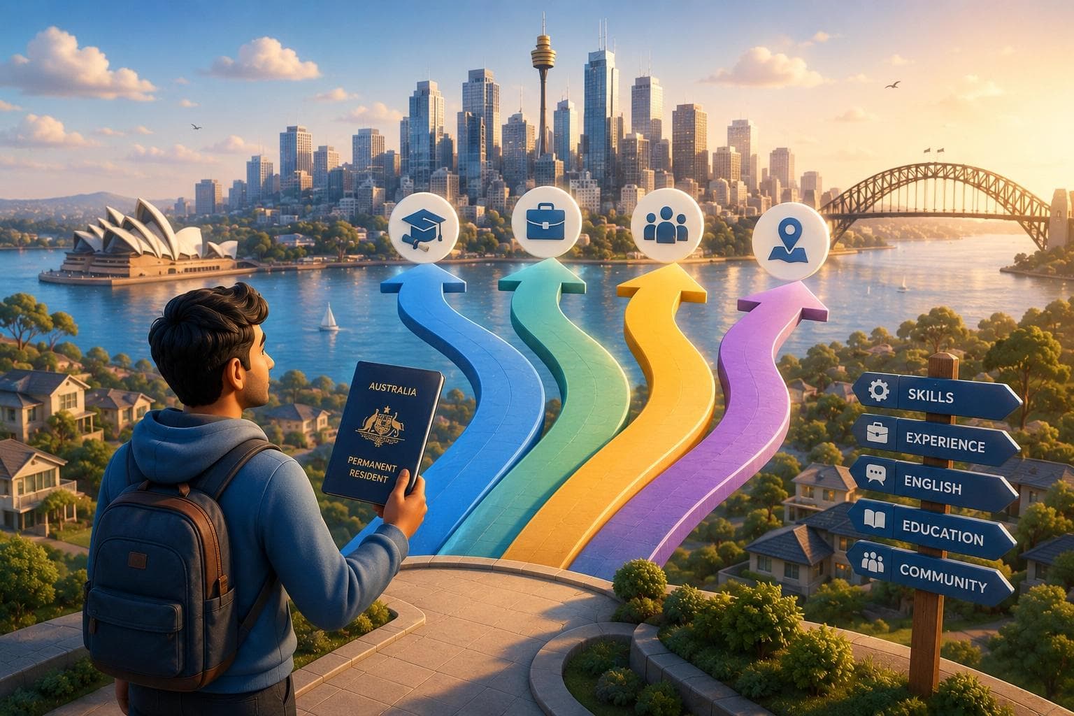 3D isometric illustration of a migrant holding a permanent residency document with multiple pathway arrows rising toward a glowing Australian skyline